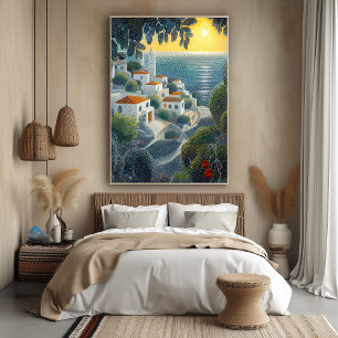 Seaside Village at Sunset in Pointillist Style Poster