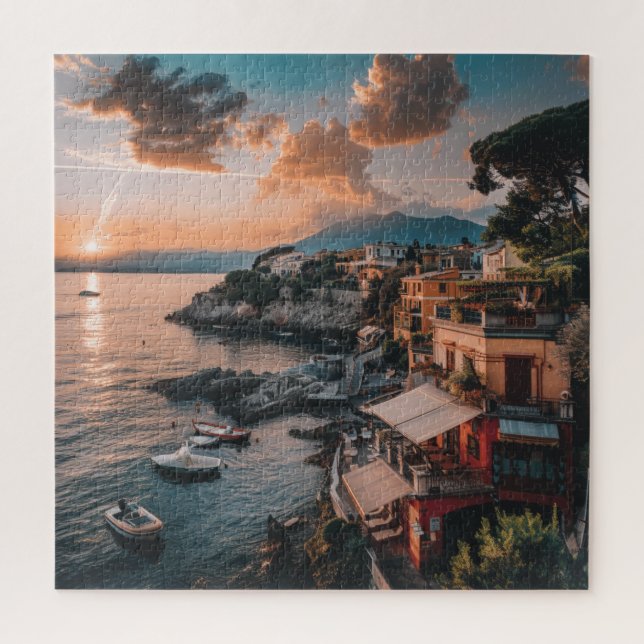Seaside Village at Sunset - Italian Summer Charm Jigsaw Puzzle (Vertical)