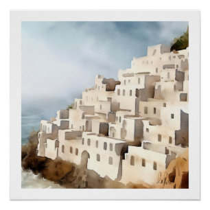 SEASIDE VILLAGE OLD WORLD ARCHITECTURE WATERCOLOR POSTER