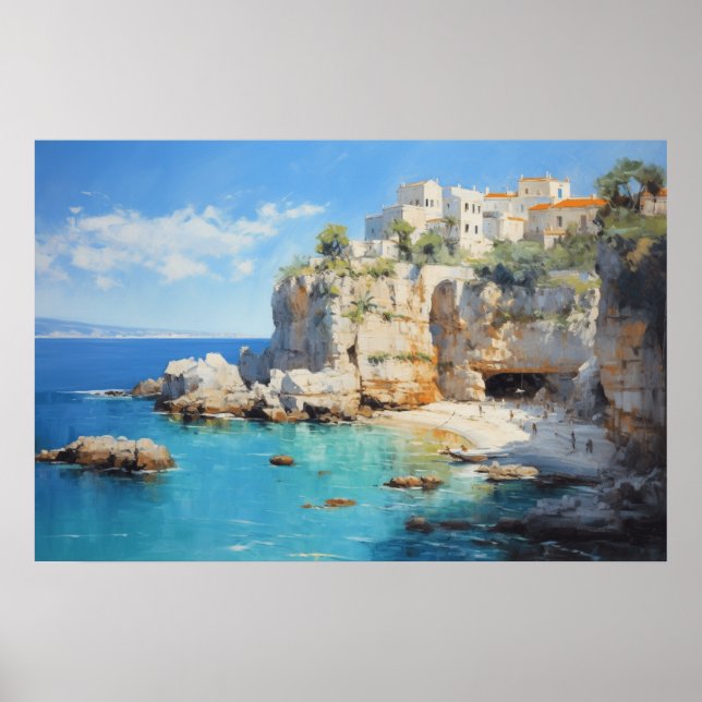 Seaside Village on the Cliffs Oil Painting Poster (Front)