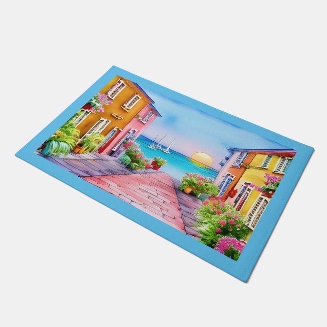 Seaside Village Sunset Watercolor   Doormat (Angled)