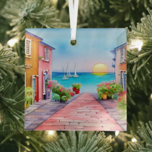 Seaside Village Sunset Watercolor   Glass Tree Decoration