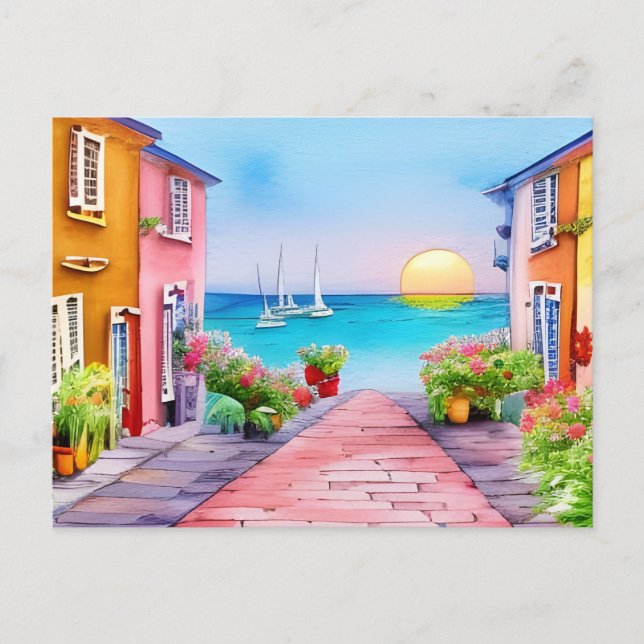 Seaside Village Sunset Watercolor Postcard (Front)