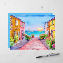 Seaside Village Sunset Watercolor Scrapbook Paper