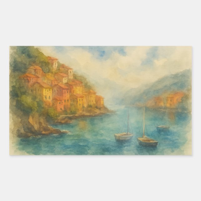 Seaside Village Watercolor – Cliffside Harbour  Rectangular Sticker (Front)