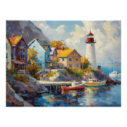 Seaside Village with Colourful Houses & Lighthouse Poster