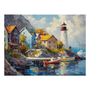 Seaside Village with Colourful Houses & Lighthouse Poster