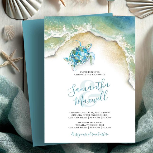 Seaside Wedding Invitations Watercolor Sea Turtle (Beach wedding invitations watercolor sea turtle art by Victoria Grigaliunas of Do Tell A Belle)