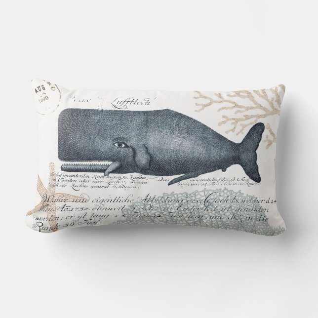 Seaside Whale Collage in Navy and Sand Lumbar Cushion (Front)