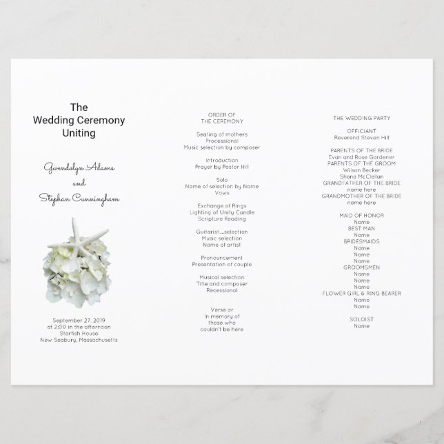 Seaside White Hydrangea n Starfish Wedding Program (Front)