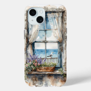 Seaside Window View Watercolor Coastal Scene iPhone 15 Case