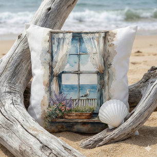 Seaside Window View Watercolor Coastal Scene Cushion