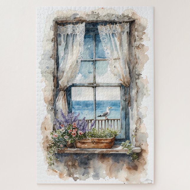 Seaside Window View Watercolor Coastal Scene Jigsaw Puzzle (Vertical)