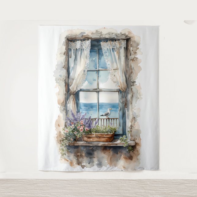 Seaside Window View Watercolor Coastal Scene Tapestry (Front)