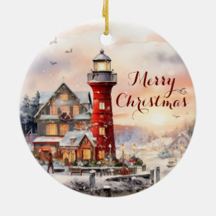 Seaside Winter Town Watercolor Christmas Art Ceramic Ornament