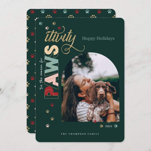 Season For Pawsitivity Fun Green Pet Dog Photo Holiday Card (Front/Back)