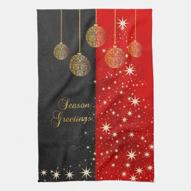 Season Greetings - Black, Red and Gold Christmas Tea Towel (Vertical)