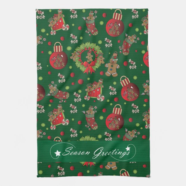 Season Greetings Christmas Gingerbread Men Tea Towel (Vertical)