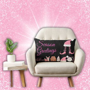 Season Greetings - Pink on Black Lumbar Cushion