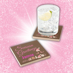Season Greetings - Pink on Brown Name Monogram   Stone Coaster