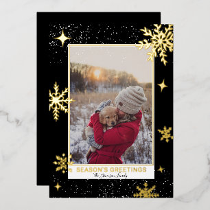 Season greetings stars snow black photo foil holiday card