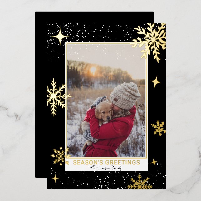 Season greetings stars snow black photo foil holiday card (Front/Back)