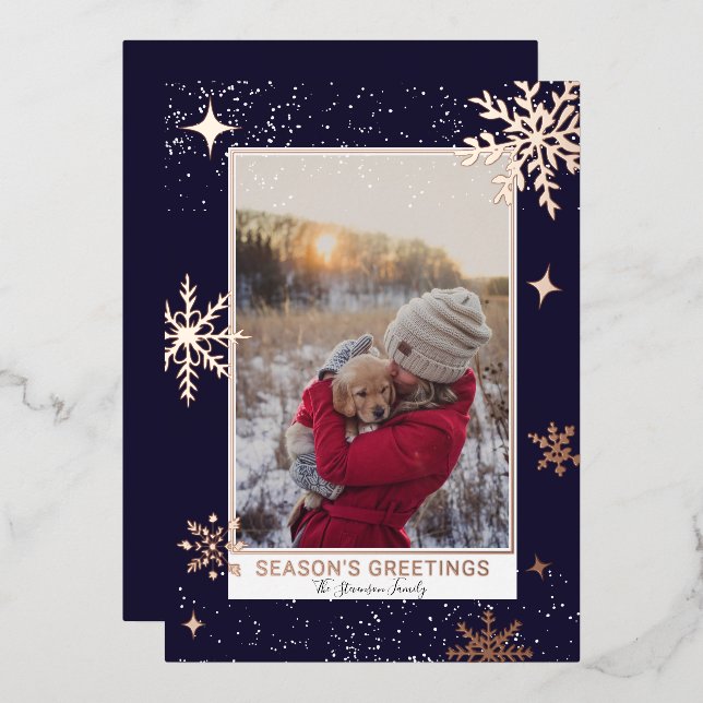 Season greetings stars snow navy blue photo foil holiday card (Front/Back)