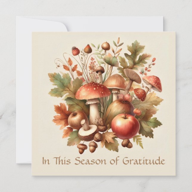 Season of gratitude Autumn mushroom acorn apple Holiday Card (Front)