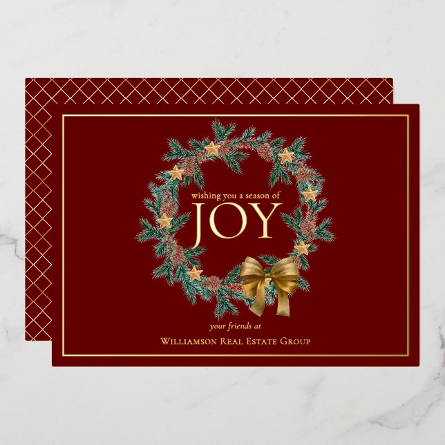 Season of Joy Christmas Wreath Business Foil Holiday Card (Front/Back)