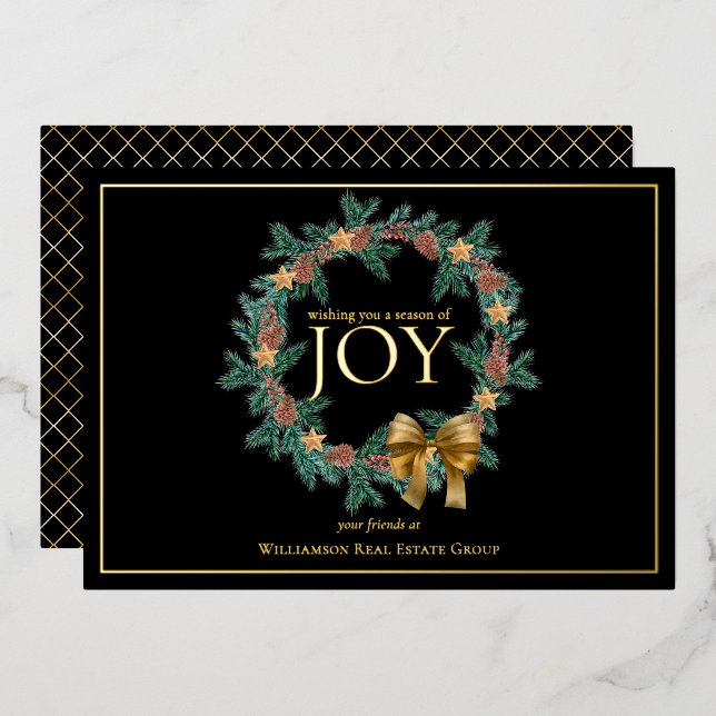 Season of Joy Christmas Wreath Business Foil Holiday Card (Front/Back)