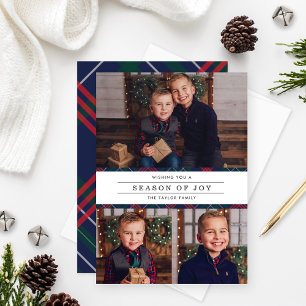 Season of Joy Navy Tartan Plaid Photo Collage Holiday Card