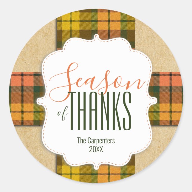 Season of Thanks Harvest Fall Plaid Ribbon Name Classic Round Sticker (Front)
