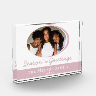Season`s Greetings Blush Pink Christmas Holiday Photo Block