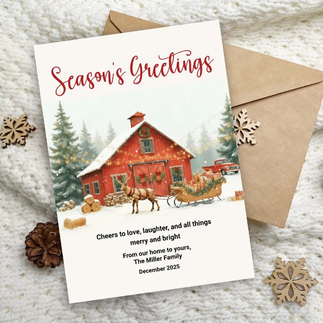 Season’s Greetings Christmas Card Watercolor Barn (Creator Uploaded)