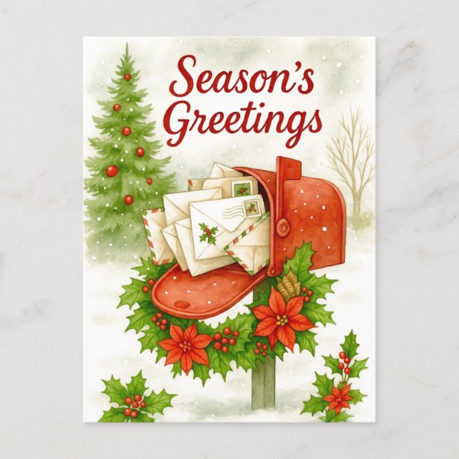 Season’s Greetings Mailbox Christmas Postcard (Front)