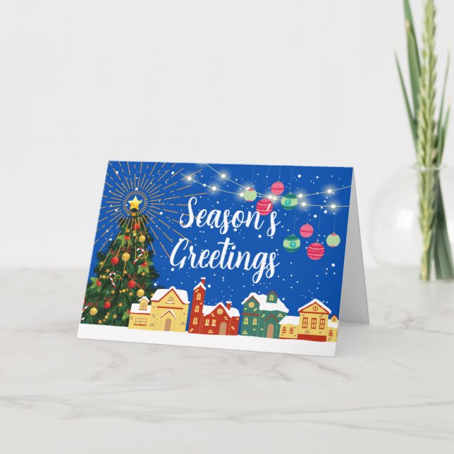 Season’s Greetings Snow Village and Decorated Tree Holiday Card (Front)