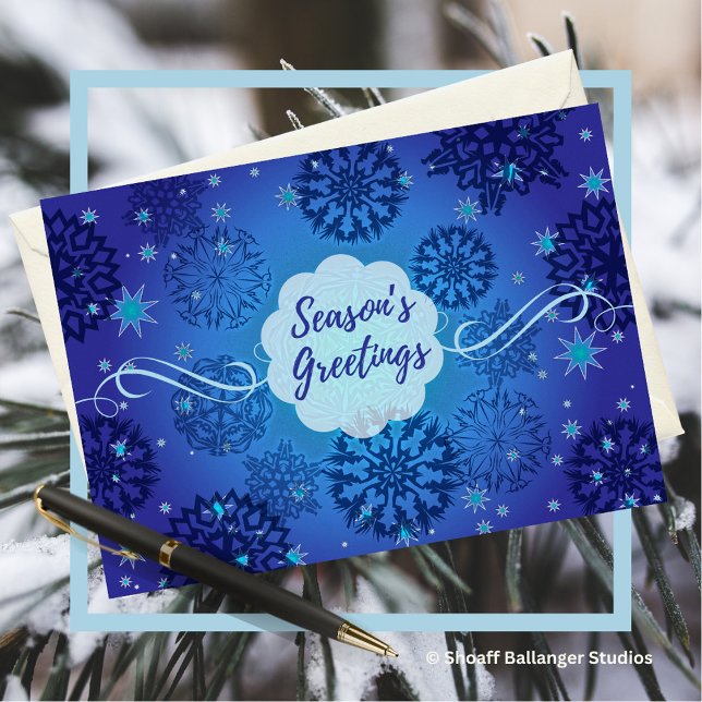Season’s Greetings Snowflakes Design in Blue Card (Creator Uploaded)