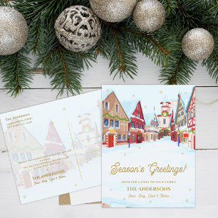 Season’s Greetings Snowy Village Family Christmas Postcard
