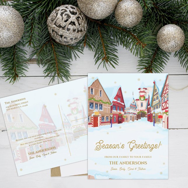 Season’s Greetings Snowy Village Family Christmas Postcard (Season’s Greetings Snowy Village Family Christmas Postcard)