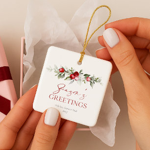 Season’s Greetings Watercolor Ceramic Ornament
