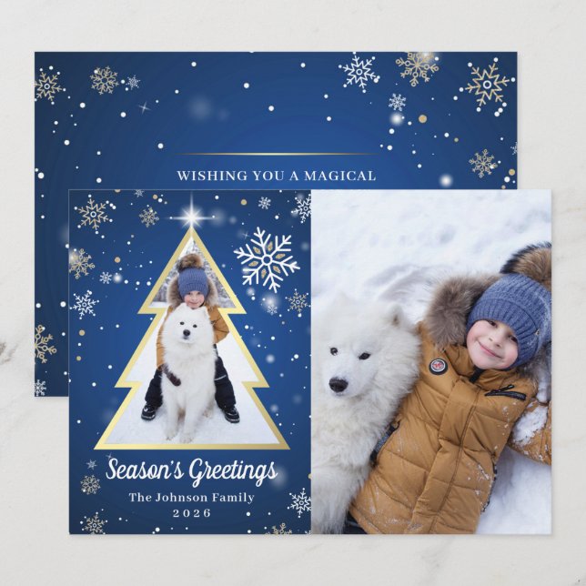 Season’s Greetings Winter Christmas Tree 2 Photo Holiday Card (Front/Back)