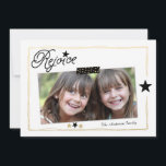 Season to Rejoice | Photo Holiday Card<br><div class="desc">Beautiful holiday card with photo place holder. Gold, black and white colours with script font with gold frame on a white background with 3D illusion of photo taped to the card. Rejoice. Christmas Photo Holiday Card. Pretty stars confetti pattern on back in gold and white. Elke Clarke © More holiday...</div>