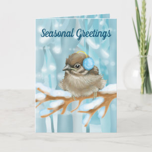 Seasonal bird on snow laden tree card