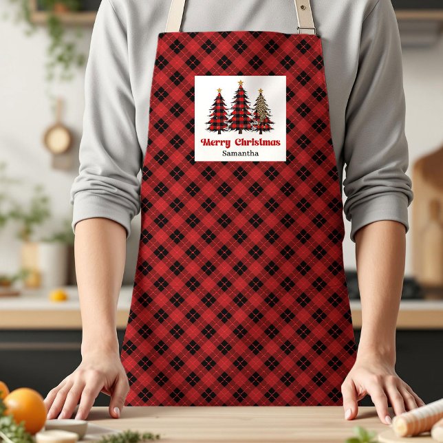 Seasonal Buffalo Plaid Tree Personalised Holiday  Apron (Seasonal Buffalo Plaid Tree Personalized Holiday Apron)