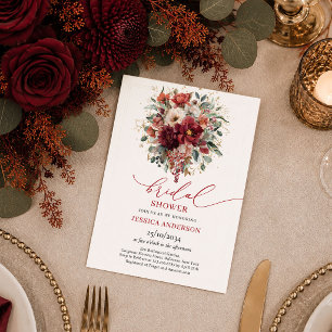 Seasonal Burgundy Gold Floral bohemian fall bridal Invitation