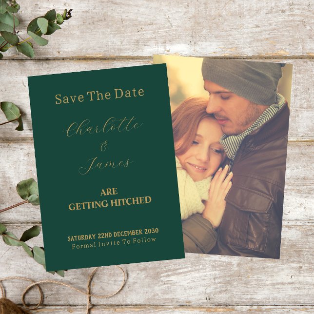 Seasonal Couple Photo Gold Wedding Script Green Save The Date (Front And Back)