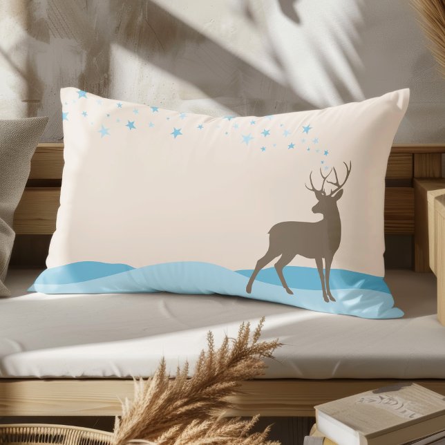Seasonal Cute Deer Modern Minimalist no-photo  Lumbar Cushion (Rectangle lumbar pillow with whimsy cute design of a deer with antlers and stars in a winter scene.)
