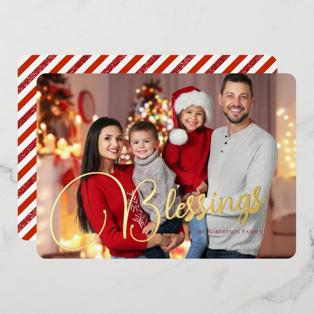Seasonal Family Photo Blessings Candy Cane Stripes Foil Holiday Card (Front/Back)