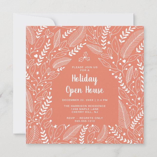 Seasonal Floral Coral Modern Christmas Open House Invitation (Front)