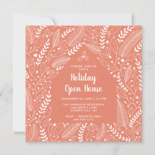 Seasonal Floral Coral Modern Christmas Open House Invitation
